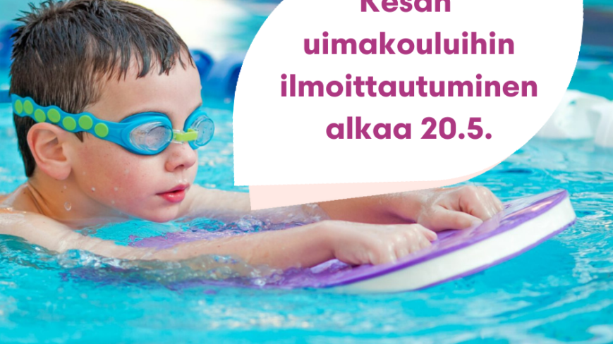 Lapsi uima-altaassa kellukelautan kanssa, kuvatekstissä ilmoittautuminen alkaa 20.5.