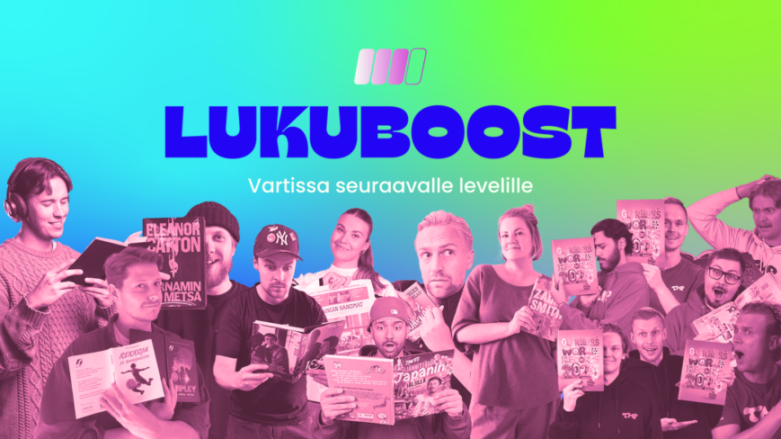 Lukuboost-kampanjan ryhmäkuva some-vaikuttajista.